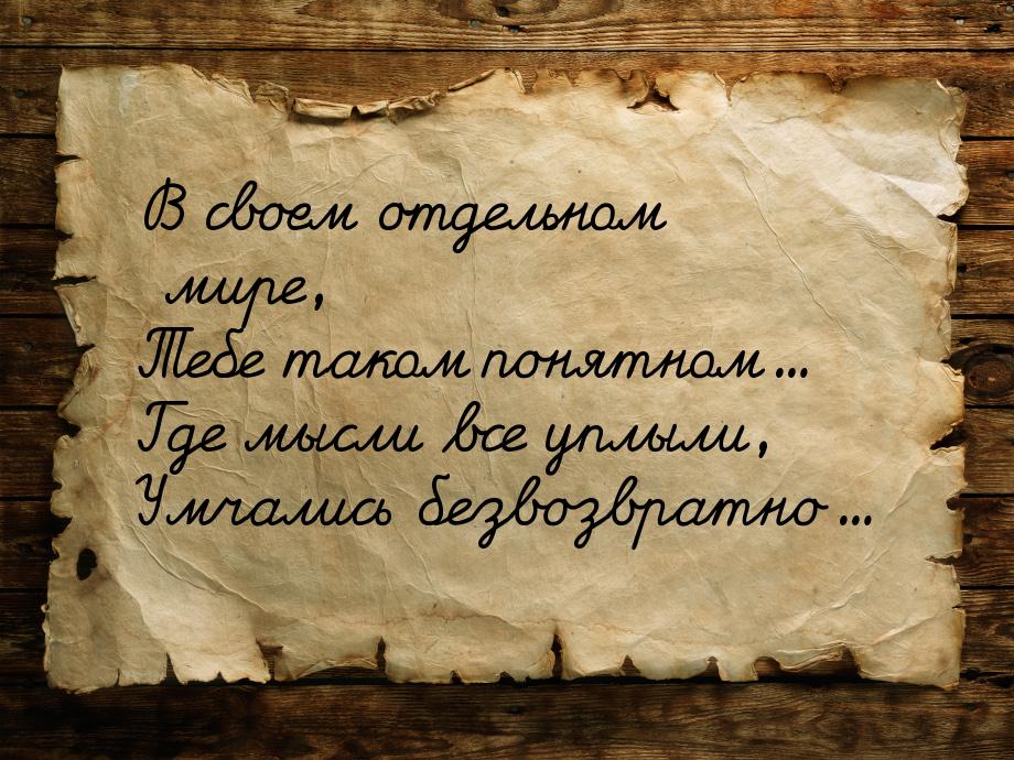 В своем отдельном мире, Тебе таком понятном… Где мысли все уплыли, Умчались безвозвратно…