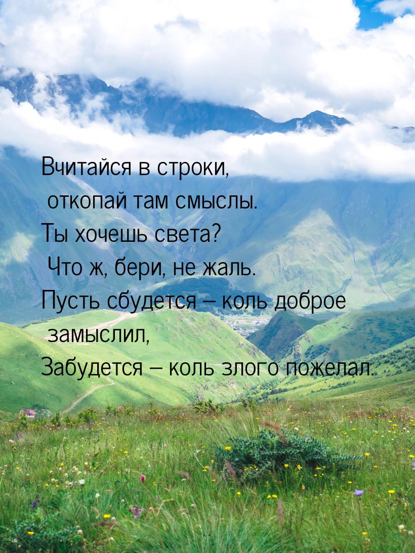 Вчитайся в строки, откопай там смыслы. Ты хочешь света? Что ж, бери, не жаль. Пусть сбудет