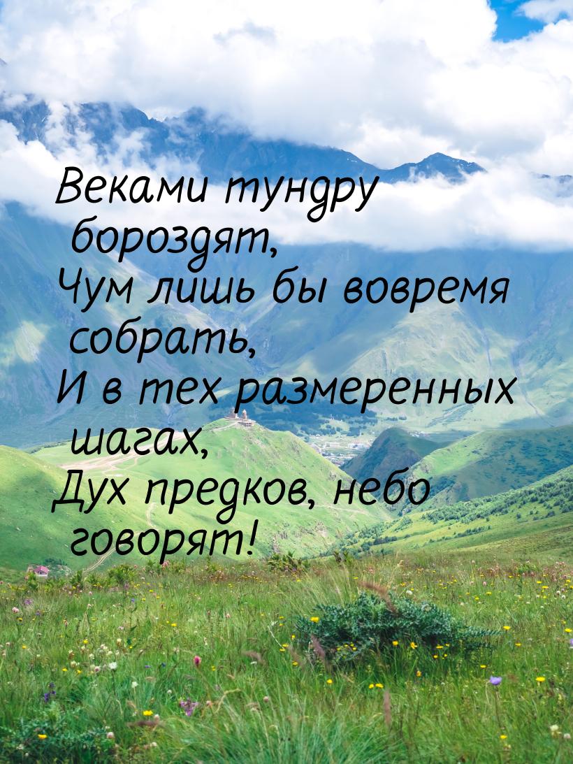 Веками тундру бороздят, Чум лишь бы вовремя собрать, И в тех размеренных шагах, Дух предко