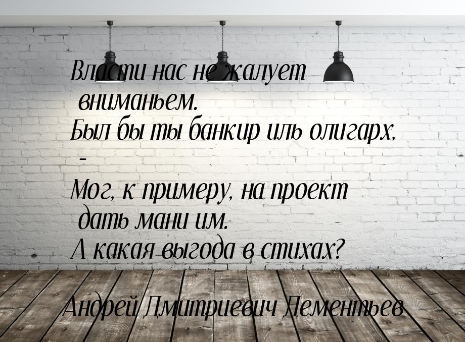 Власти нас не жалует вниманьем. Был бы ты банкир иль олигарх, - Мог, к примеру, на проект 