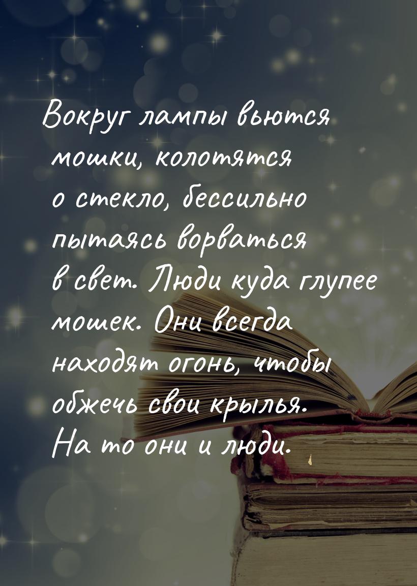 Вокруг лампы вьются мошки, колотятся о стекло, бессильно пытаясь ворваться в свет. Люди ку