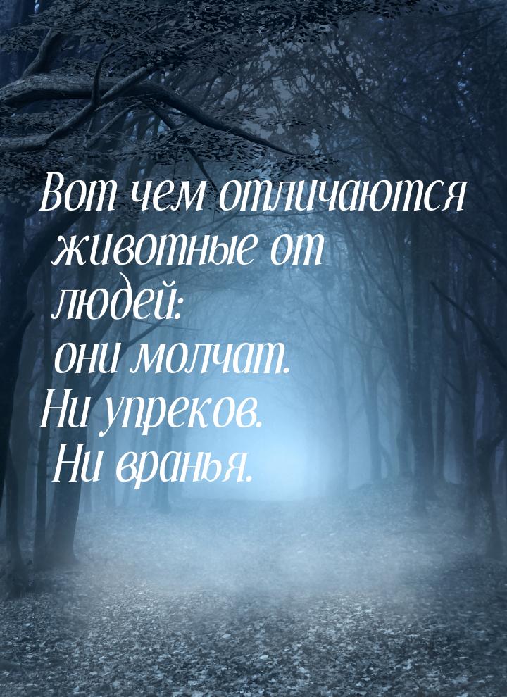 Вот чем отличаются животные от людей: они молчат. Ни упреков. Ни вранья.