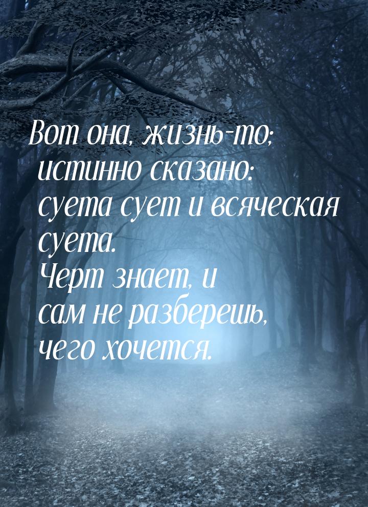 Вот она, жизнь-то; истинно сказано: суета сует и всяческая суета. Черт знает, и сам не раз