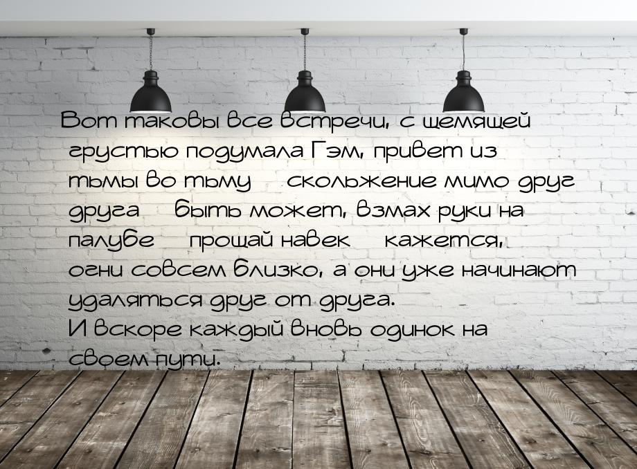 Вот таковы все встречи, с щемящей грустью подумала Гэм, привет из тьмы во тьму… скольжение