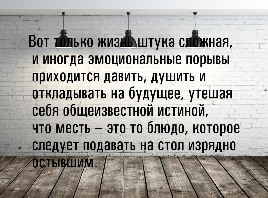 Вот только жизнь штука сложная, и иногда эмоциональные порывы приходится давить, душить и 