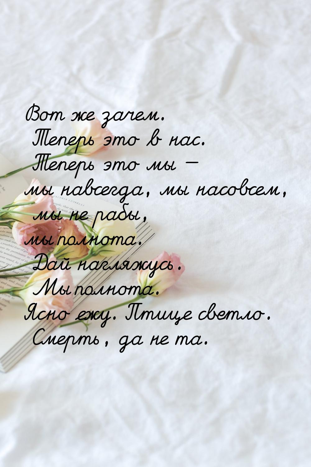 Вот же зачем. Теперь это в нас. Теперь это мы — мы навсегда, мы насовсем, мы не рабы, мы п