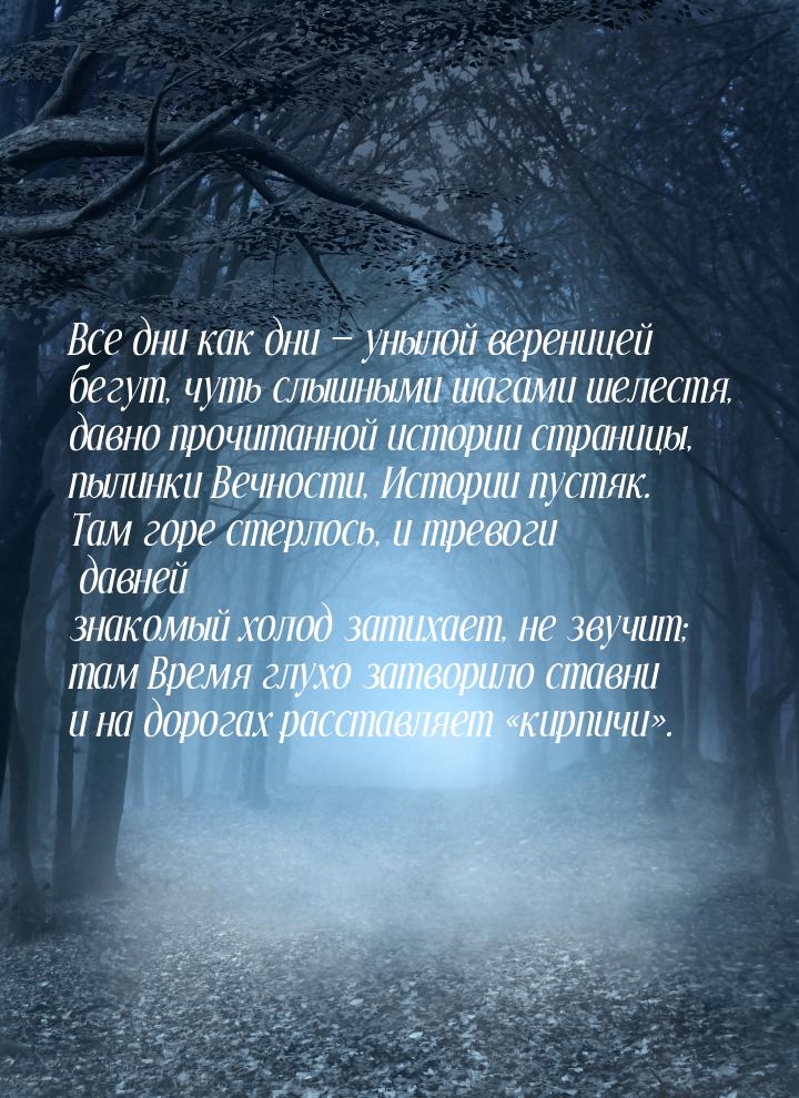 Все дни как дни — унылой вереницей бегут, чуть слышными шагами шелестя, давно прочитанной 