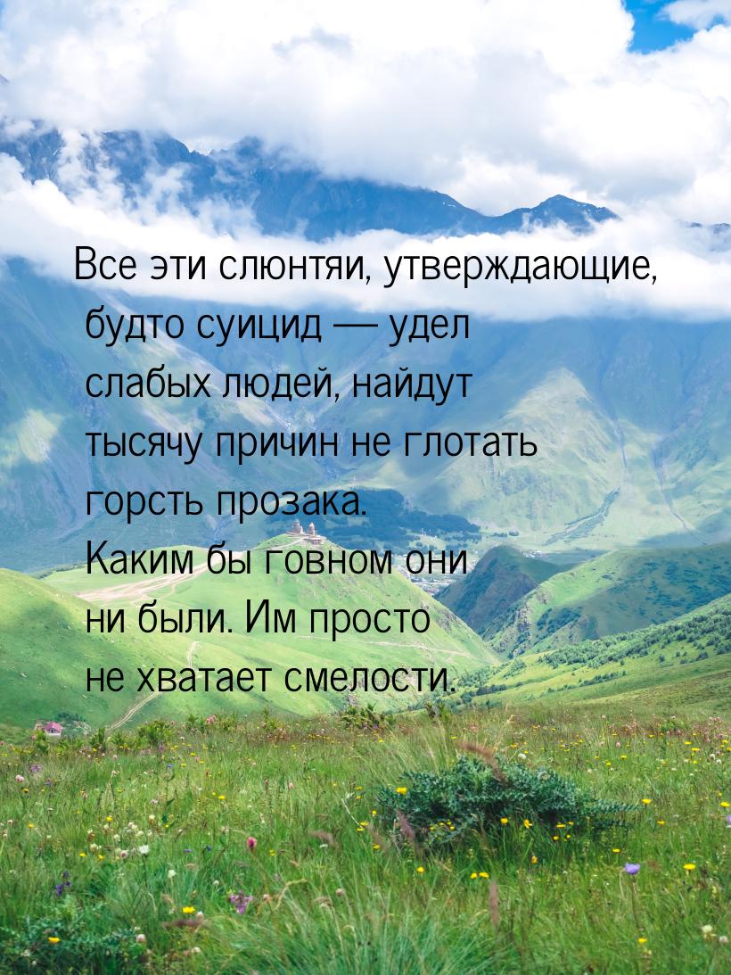 Все эти слюнтяи, утверждающие, будто суицид  удел слабых людей, найдут тысячу причи