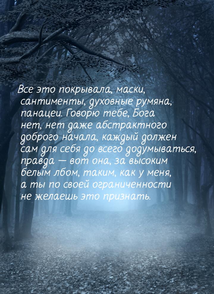 Все это покрывала, маски, сантименты, духовные румяна, панацеи. Говорю тебе, Бога нет, нет