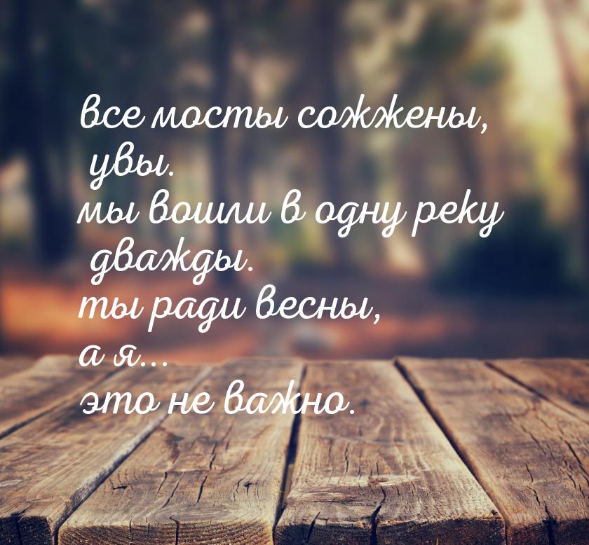 все мосты сожжены, увы. мы вошли в одну реку дважды. ты ради весны, а я... это не важно.