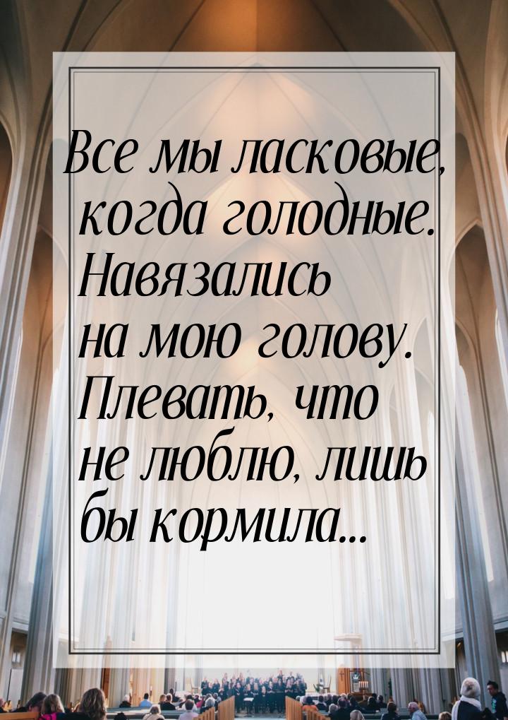 Все мы ласковые, когда голодные. Навязались на мою голову. Плевать, что не люблю, лишь бы 