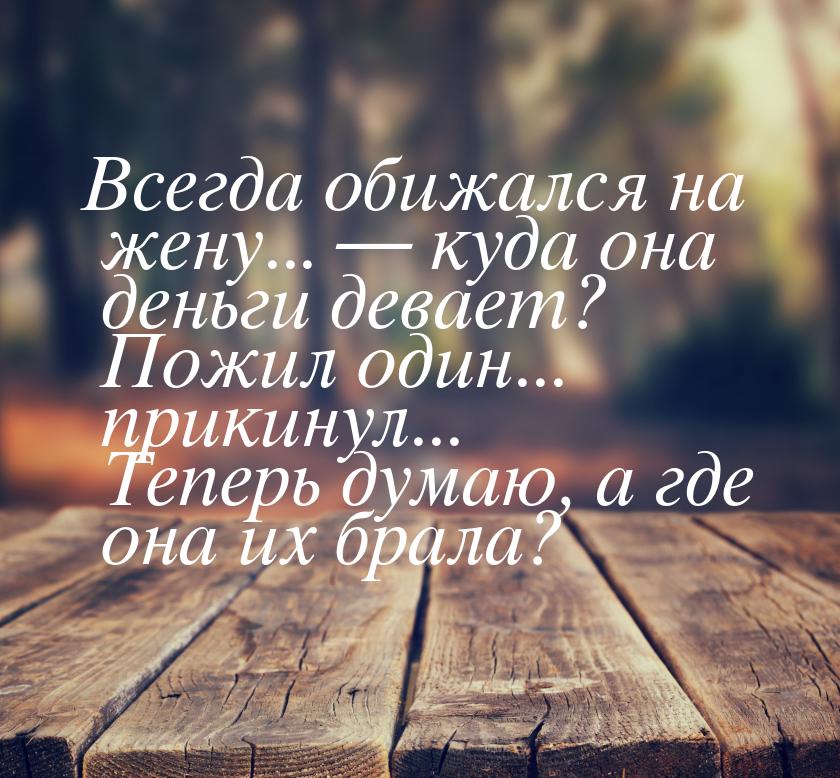 Всегда обижался на жену...  куда она деньги девает? Пожил один... прикинул... Тепер