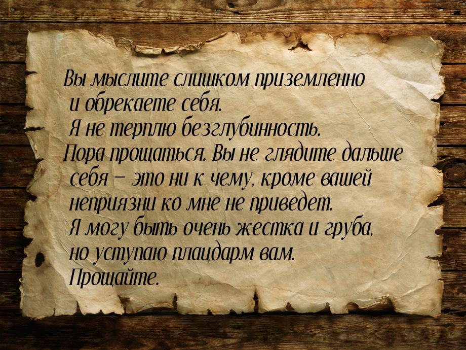 Вы мыслите слишком приземленно и обрекаете себя. Я не терплю безглубинность. Пора прощатьс