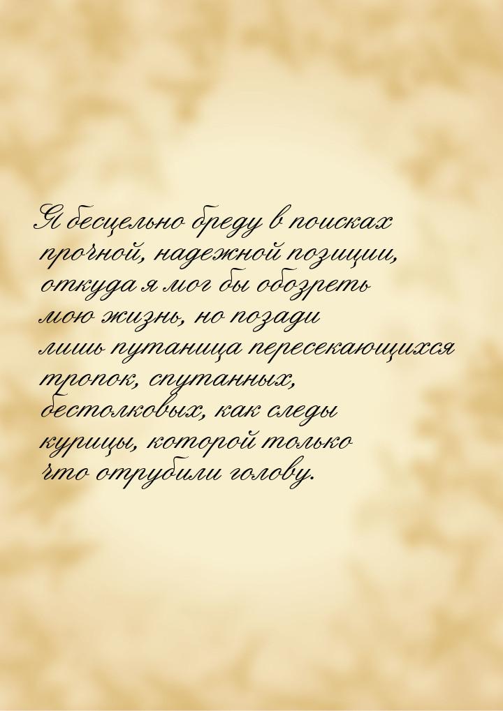 Я бесцельно бреду в поисках прочной, надежной позиции, откуда я мог бы обозреть мою жизнь,