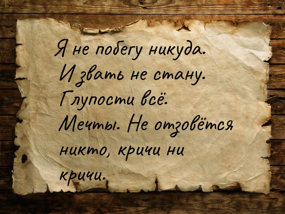 Я не побегу никуда. И звать не стану. Глупости всё. Мечты. Не отзовётся никто, кричи ни кр