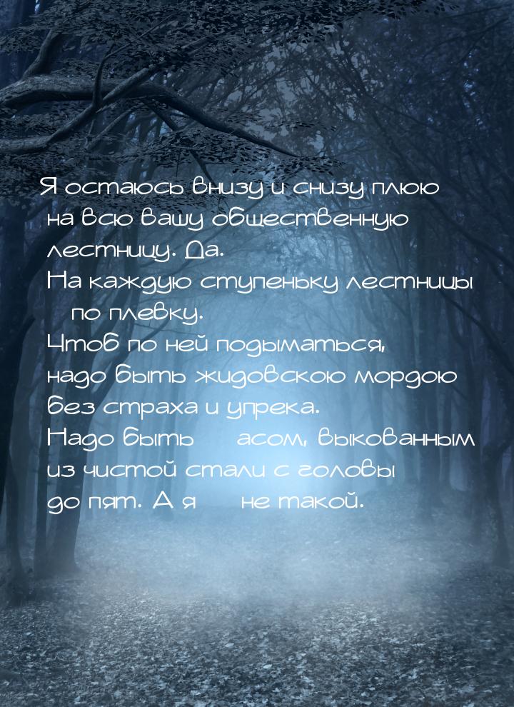 Я остаюсь внизу и снизу плюю на всю вашу общественную лестницу.  Да. На каждую ступеньку л