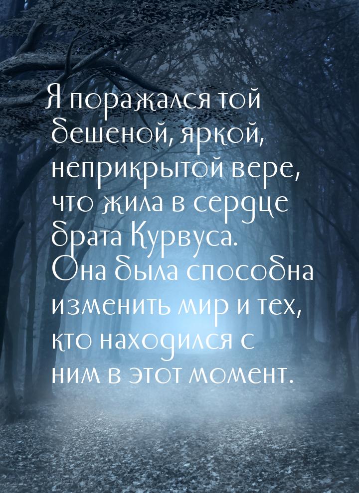 Я поражался той бешеной, яркой, неприкрытой вере, что жила в сердце брата Курвуса. Она был