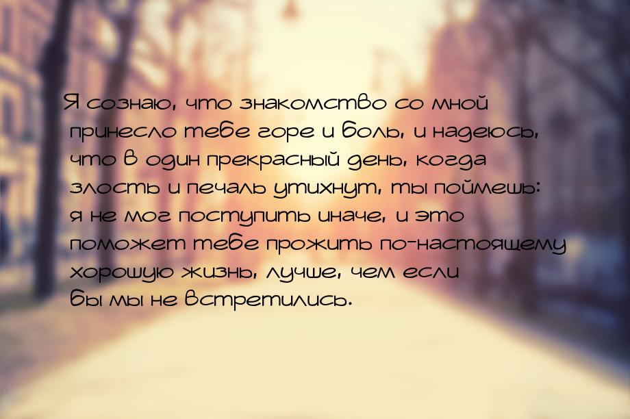 Я сознаю, что знакомство со мной принесло тебе горе и боль, и надеюсь, что в один прекрасн