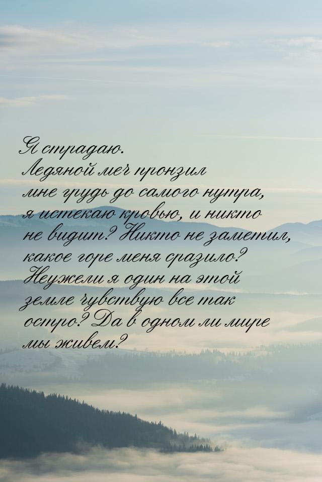 Я страдаю. Ледяной меч пронзил мне грудь до самого нутра, я истекаю кровью, и никто не вид