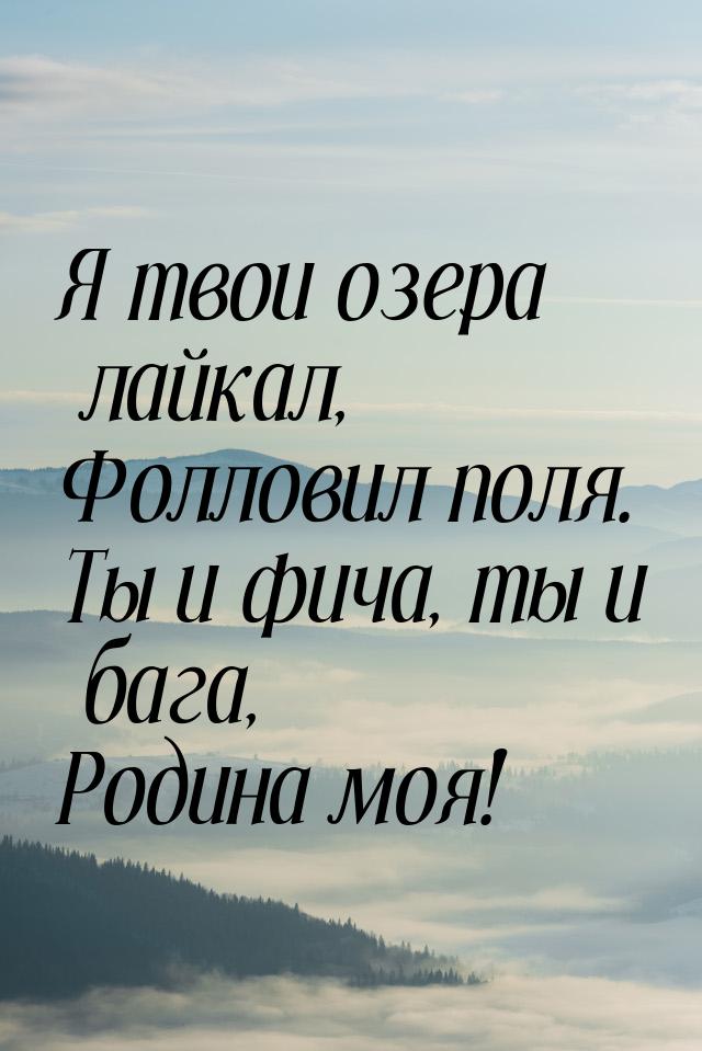 Я твои озера лайкал, Фолловил поля. Ты и фича, ты и бага, Родина моя!