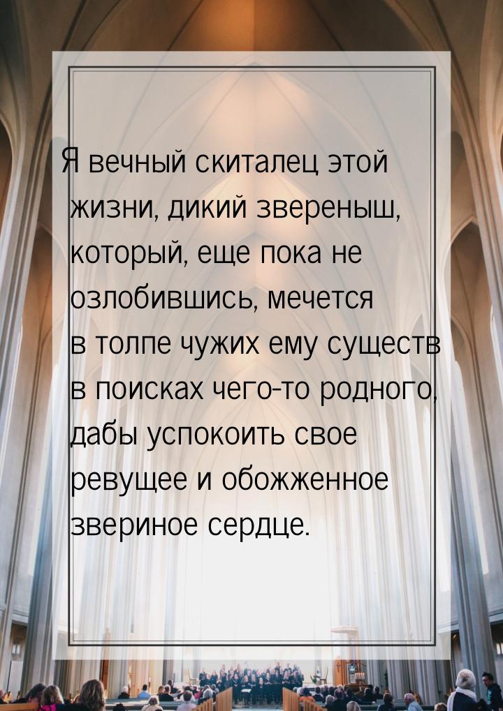 Я вечный скиталец этой жизни, дикий звереныш, который, еще пока не озлобившись, мечется в 