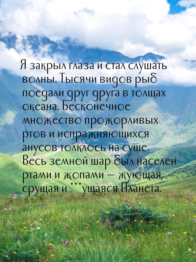 Я закрыл глаза и стал слушать волны. Тысячи видов рыб поедали друг друга в толщах океана. 