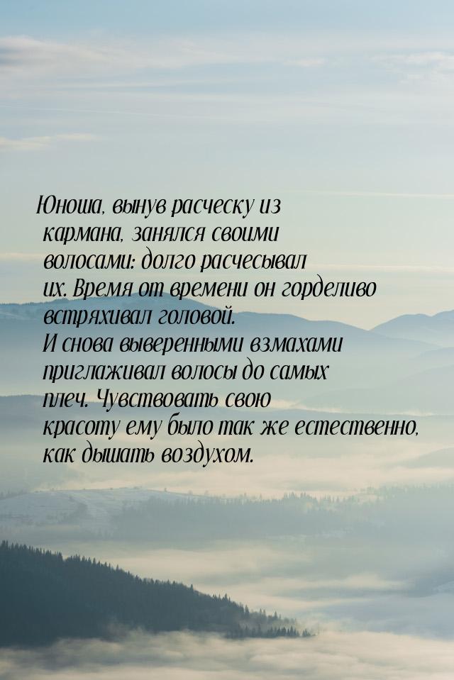 Юноша, вынув расческу из кармана, занялся своими волосами: долго расчесывал их. Время от в