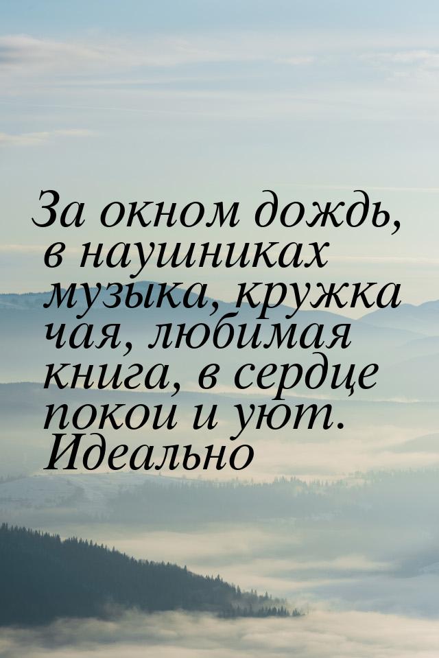 За окном дождь, в наушниках музыка, кружка чая, любимая книга, в сердце покои и уют. Идеал