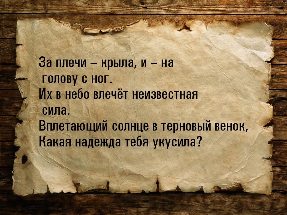 За плечи – крыла, и – на голову с ног. Их в небо влечёт неизвестная сила. Вплетающий солнц