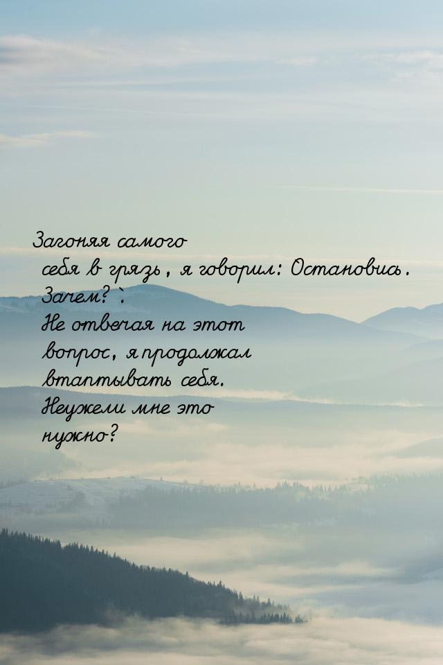 Загоняя самого себя в грязь, я говорил:`Остановись. Зачем?`. Не отвечая на этот вопрос, я 