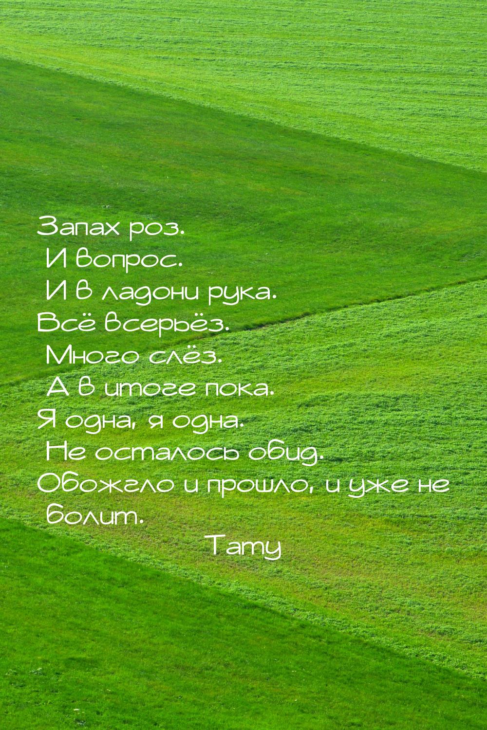 Запах роз. И вопрос. И в ладони рука. Всё всерьёз. Много слёз. А в итоге пока. Я одна, я о