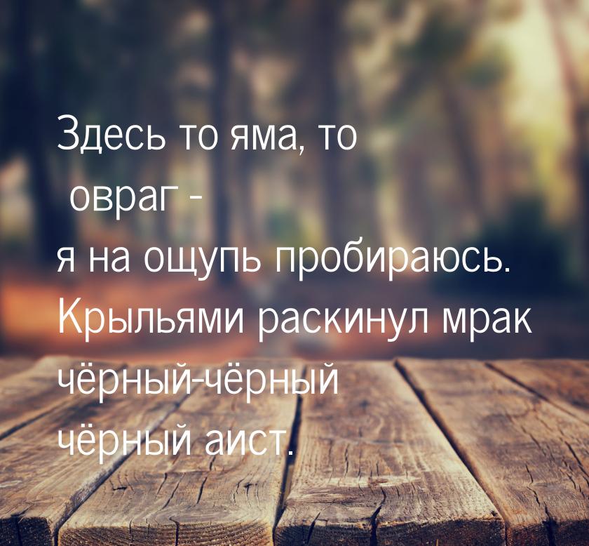 Здесь то яма, то овраг - я на ощупь пробираюсь. Крыльями раскинул мрак чёрный-чёрный чёрны