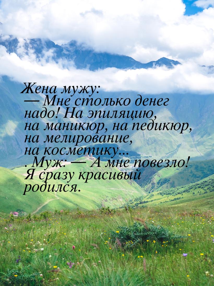 Жена мужу: — Мне столько денег надо! На эпиляцию, на маникюр, на педикюр, на мелирование, 