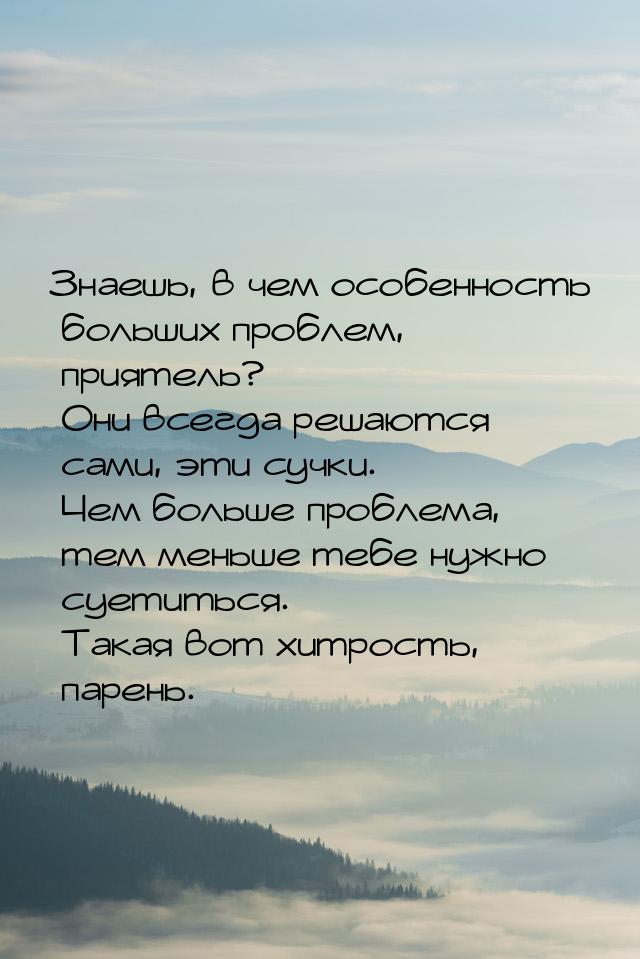 Знаешь, в чем особенность больших проблем, приятель? Они всегда решаются сами, эти сучки. 