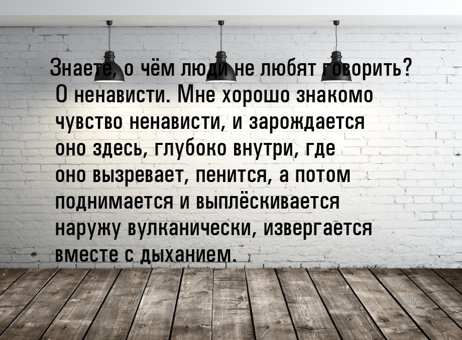 Знаете, о чём люди не любят говорить? О ненависти. Мне хорошо знакомо чувство ненависти, и